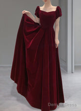 Burgundy Velvet Cap Sleeves Long Formal Dresses, A-Line Velvet Evening Dress Prom Dresss