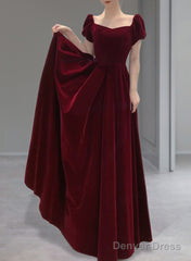 Burgundy Velvet Cap Sleeves Long Formal Dresses, A-Line Velvet Evening Dress Prom Dresss