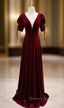 Burgundy Velvet Dee V Neck Short Sleeve Prom Dresses