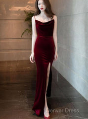 Burgundy Velvet Floor Length Mermaid Prom Dresses, Velvet Bridesmaid Dresses