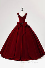 Burgundy Velvet Floor Length Prom Dresses, A-Line Evening Party Dresses With Flowers