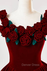 Burgundy Velvet Floor Length Prom Dresses, A-Line Evening Party Dresses With Flowers