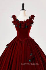 Burgundy Velvet Floor Length Prom Dresses, A-Line Evening Party Dresses With Flowers