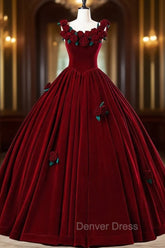Burgundy Velvet Floor Length Prom Dresses, A-Line Evening Party Dresses With Flowers