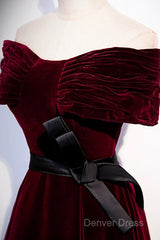 Burgundy Velvet Floor Length Prom Dresses, Elegant Off The Shoulder Party Dresses