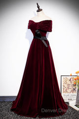 Burgundy Velvet Floor Length Prom Dresses, Elegant Off The Shoulder Party Dresses