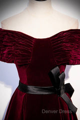 Burgundy Velvet Floor Length Prom Dresses, Elegant Off The Shoulder Party Dresses