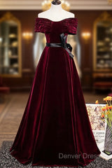Burgundy Velvet Floor Length Prom Dresses, Elegant Off The Shoulder Party Dresses