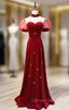 Burgundy Velvet High Neck Puff Sleeve Prom Dresses