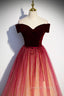 Burgundy Velvet Long A Line Prom Dress, Off the Shoulder Prom Dresses