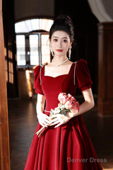 Burgundy Velvet Long A-Line Prom Dress, A-Line Short Sleeve Evening Party Dress