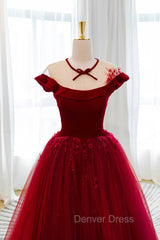Burgundy Velvet Long A-Line Prom Dresses, Burgundy Formal Evening Dresses