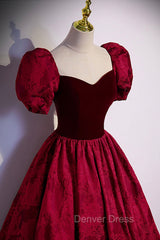 Burgundy Velvet Long A-Line Prom Dresses, Burgundy Short Sleeve Evening Dresses