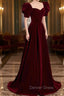 Burgundy Velvet Long A Line Prom Dress, Simple Short Sleeve Prom Dresses