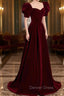 Burgundy Velvet Long A-Line Prom Dresses, Simple Short Sleeve Party Dresses