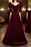 Burgundy Velvet Long Evening Party Dresses, A-Line Short Sleeve Prom Dresses