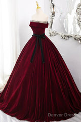 Burgundy Velvet Long Formal Dress, Off The Shoulder Evening Party Dress