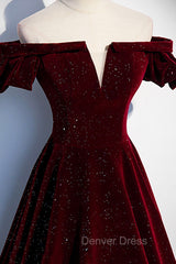 Burgundy Velvet Long Prom Dresses, A-Line Off the Shoulder Evening Dresses