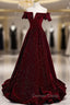 Burgundy Velvet Long Prom Dress, A Line Off the Shoulder Prom Dresses