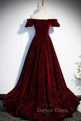 Burgundy Velvet Long Prom Dresses, A-Line Off the Shoulder Evening Dresses