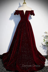 Burgundy Velvet Long Prom Dresses, A-Line Off the Shoulder Evening Dresses