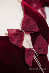 Burgundy Velvet Long Prom Dress, Mermaid Short Sleeve Party Dress Wit Bow