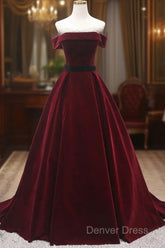 Burgundy Velvet Long Prom Dresses, A-Line Evening Dresses