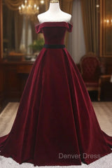 Burgundy Velvet Long Prom Dresses, A-Line Evening Dresses