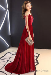 Burgundy Velvet Long Prom Dresses, Spaghetti Strap Evening Dresses