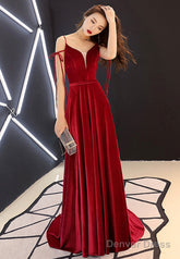 Burgundy Velvet Long Prom Dresses, Spaghetti Strap Evening Dresses