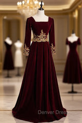 Burgundy Velvet Long Sleeve Appliques Square Prom Dresses