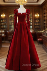 Burgundy Velvet Long Sleeve Crystal Prom Dresses