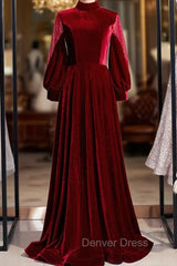 Burgundy Velvet Long Sleeve High Neck Prom Dresses
