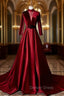 Burgundy Velvet Long Sleeve High Neck See Through Back Prom Dresses
