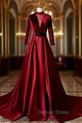 Burgundy Velvet Long Sleeve High Neck See Through Back Prom Dresses