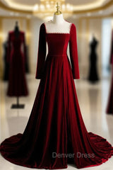 Burgundy Velvet Long Sleeve Pearls Prom Dresses