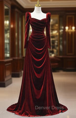 Burgundy Velvet Long Sleeve Pleats Square Neck Prom Dresses