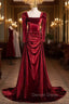 Burgundy Velvet Long Sleeve Pleats Square Prom Dresses