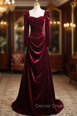 Burgundy Velvet Long Sleeve Square Neck Pleats Prom Dresses