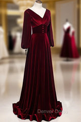 Burgundy Velvet Long Sleeves A-line Prom Dresses, Long Simple Bridesmaid Dresses