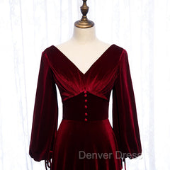 Burgundy Velvet Long Sleeves A-line Prom Dresses, Long Simple Bridesmaid Dresses
