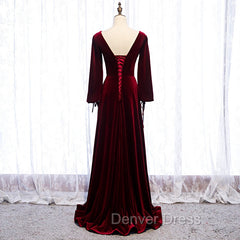Burgundy Velvet Long Sleeves A-line Prom Dresses, Long Simple Bridesmaid Dresses