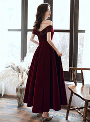 Burgundy Velvet Off Shoulder Long Wedding Party Dress, Burgundy Prom Dress