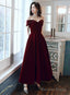 Burgundy Velvet Off Shoulder Long Wedding Prom Dress, Burgundy Prom Dresses