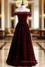 Burgundy Velvet Off the Shoulder Beading Prom Dresses