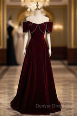 Burgundy Velvet Off the Shoulder Pearls Prom Dresses