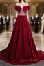 Burgundy Velvet Off the Shoulder Pleats Beading Prom Dresses