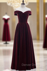 Burgundy Velvet Off the Shoulder Pleats Prom Dresses