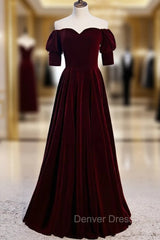 Burgundy Velvet Off the Shoulder Short Sleeve Prom Dresses