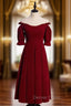 Burgundy Velvet Off the Shoulder Short Sleeve Tea Length Prom Dresses